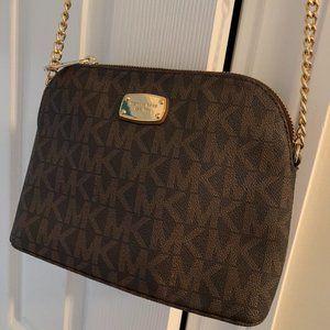 Michael Kors brown/ tan/ gold crossbody, MK logo